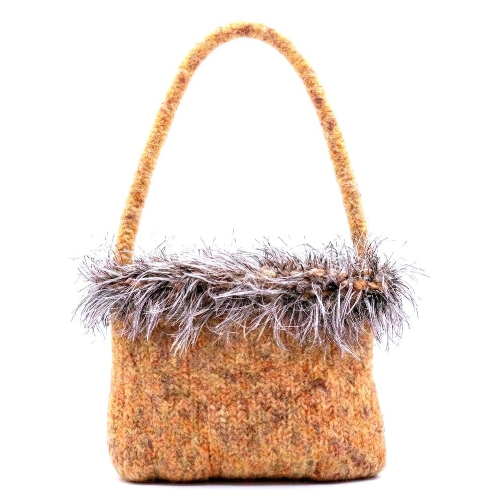 Handmade Felted Wool Cottagecore Shoulder Bag Yellow Marled Faux Fur Trim Line
